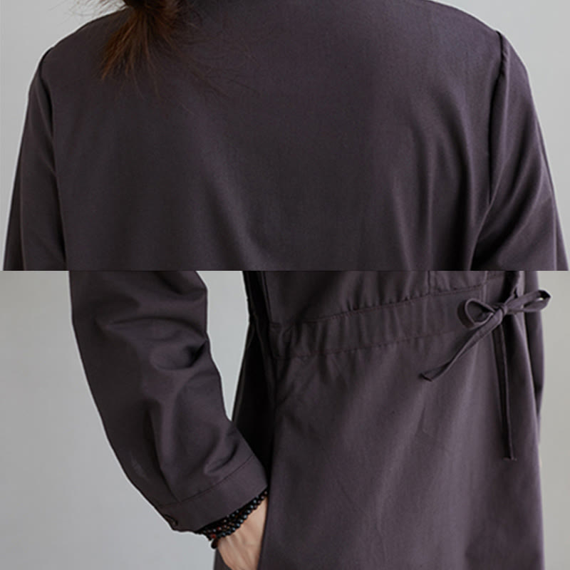 Buddha Stones Herbst-Midikleid aus Baumwolle mit einfarbigem Schnürdesign, Revers und langen Ärmeln und Taschen - image 16