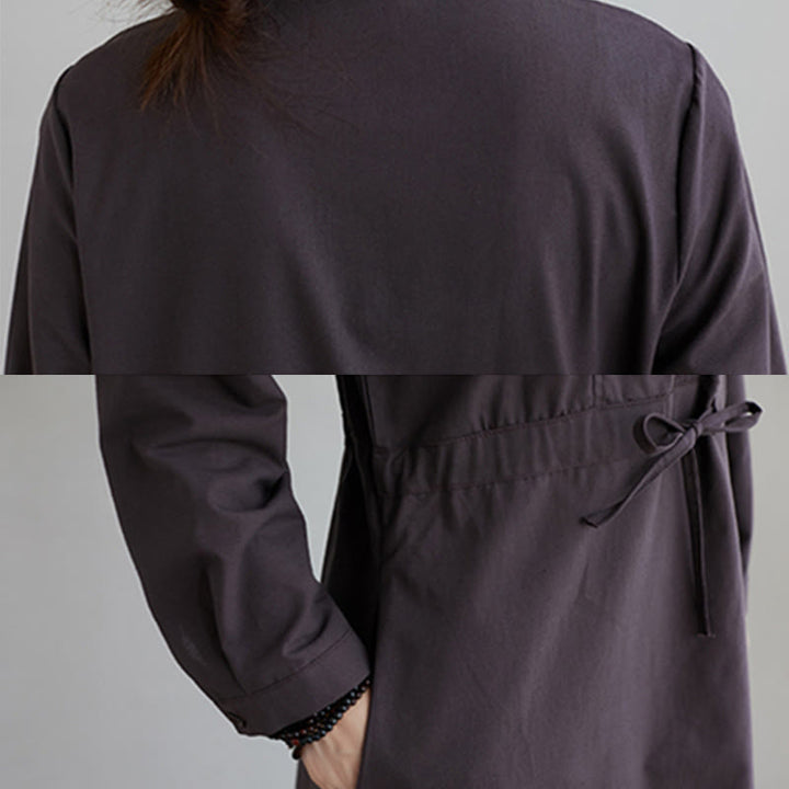 Buddha Stones Herbst-Midikleid aus Baumwolle mit einfarbigem Schnürdesign, Revers und langen Ärmeln und Taschen - image 16