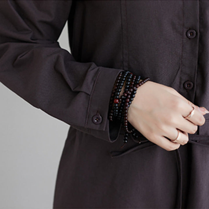 Buddha Stones Herbst-Midikleid aus Baumwolle mit einfarbigem Schnürdesign, Revers und langen Ärmeln und Taschen - image 15