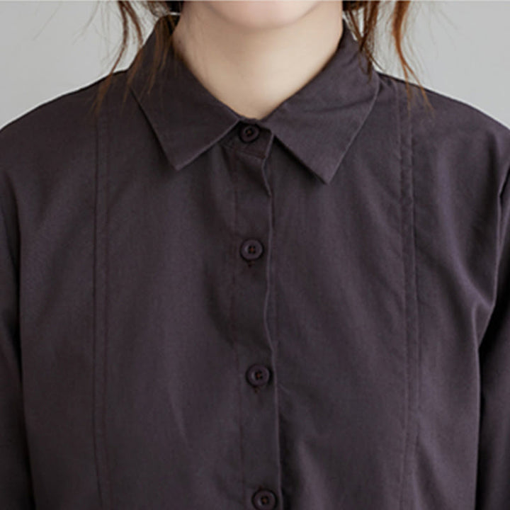 Buddha Stones Herbst-Midikleid aus Baumwolle mit einfarbigem Schnürdesign, Revers und langen Ärmeln und Taschen - image 14