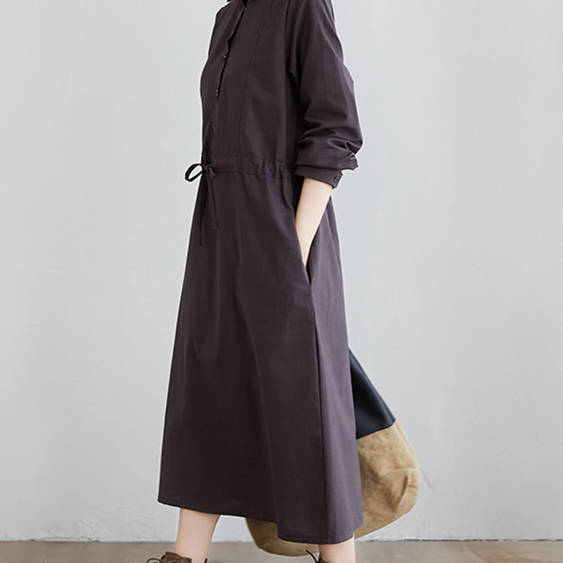 Buddha Stones Herbst-Midikleid aus Baumwolle mit einfarbigem Schnürdesign, Revers und langen Ärmeln und Taschen - image 11