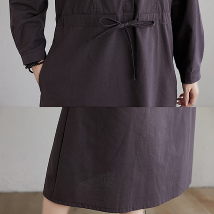 Buddha Stones Herbst-Midikleid aus Baumwolle mit einfarbigem Schnürdesign, Revers und langen Ärmeln und Taschen - image 17