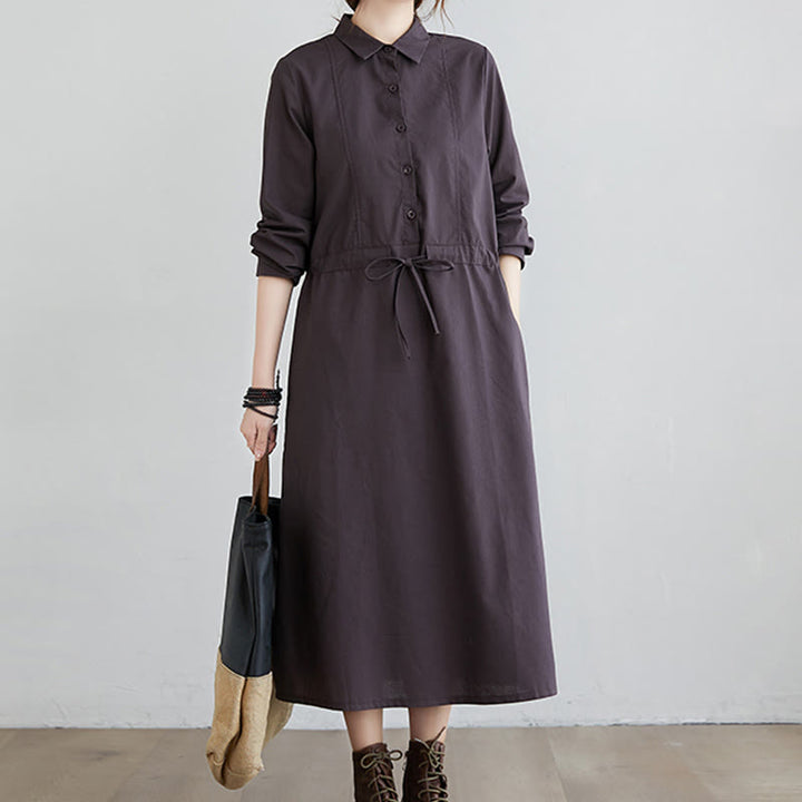 Buddha Stones Herbst-Midikleid aus Baumwolle mit einfarbigem Schnürdesign, Revers und langen Ärmeln und Taschen - image 8