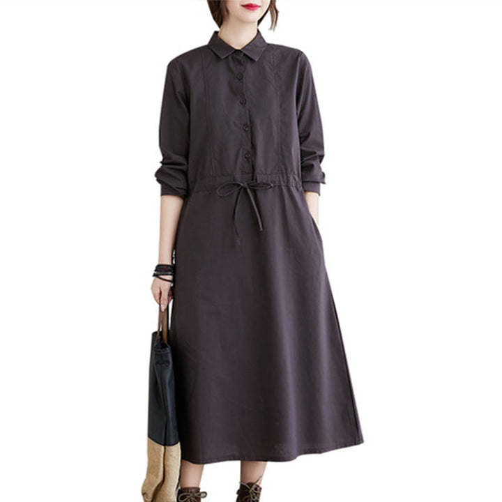 Buddha Stones Herbst-Midikleid aus Baumwolle mit einfarbigem Schnürdesign, Revers und langen Ärmeln und Taschen - image 18