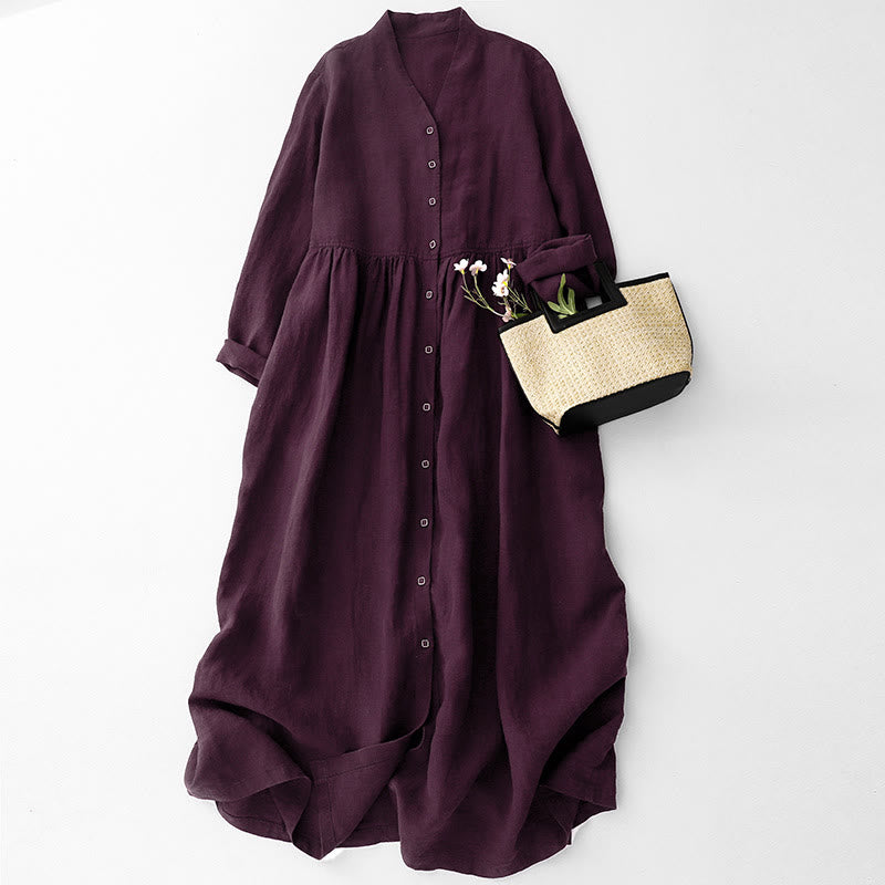 Buddha Stones Fall DarkMagenta V-Ausschnitt Knöpfe Design Langarm Midikleid aus Baumwolle - DunkelMagenta - US14， UK/AU18，EU46 (2XL) - image 0