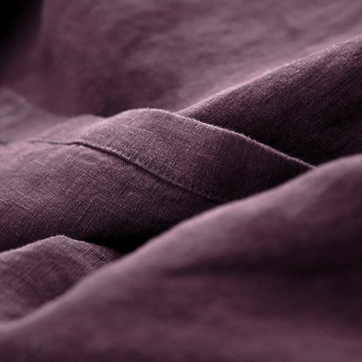 Buddha Stones Fall DarkMagenta V-Ausschnitt Knöpfe Design Langarm Midikleid aus Baumwolle - image 8