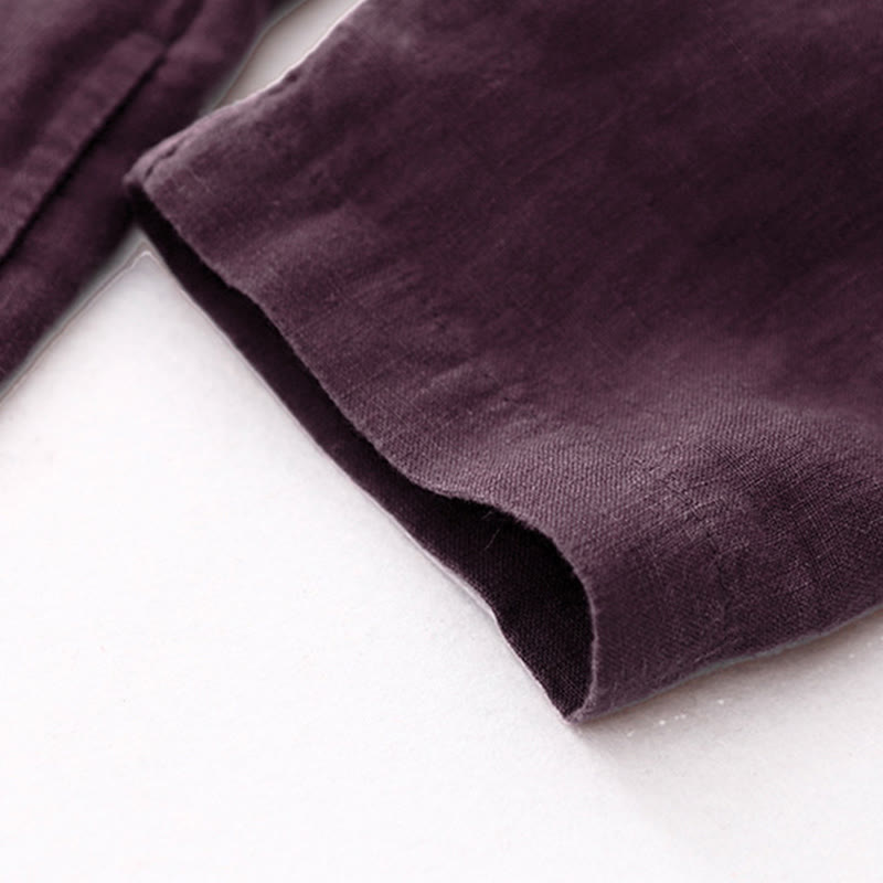 Buddha Stones Fall DarkMagenta V-Ausschnitt Knöpfe Design Langarm Midikleid aus Baumwolle - image 10