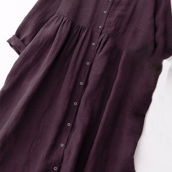 Buddha Stones Fall DarkMagenta V-Ausschnitt Knöpfe Design Langarm Midikleid aus Baumwolle - image 4