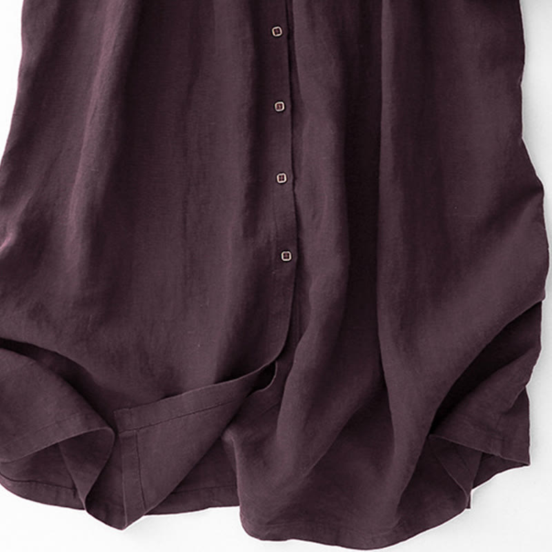 Buddha Stones Fall DarkMagenta V-Ausschnitt Knöpfe Design Langarm Midikleid aus Baumwolle - image 9