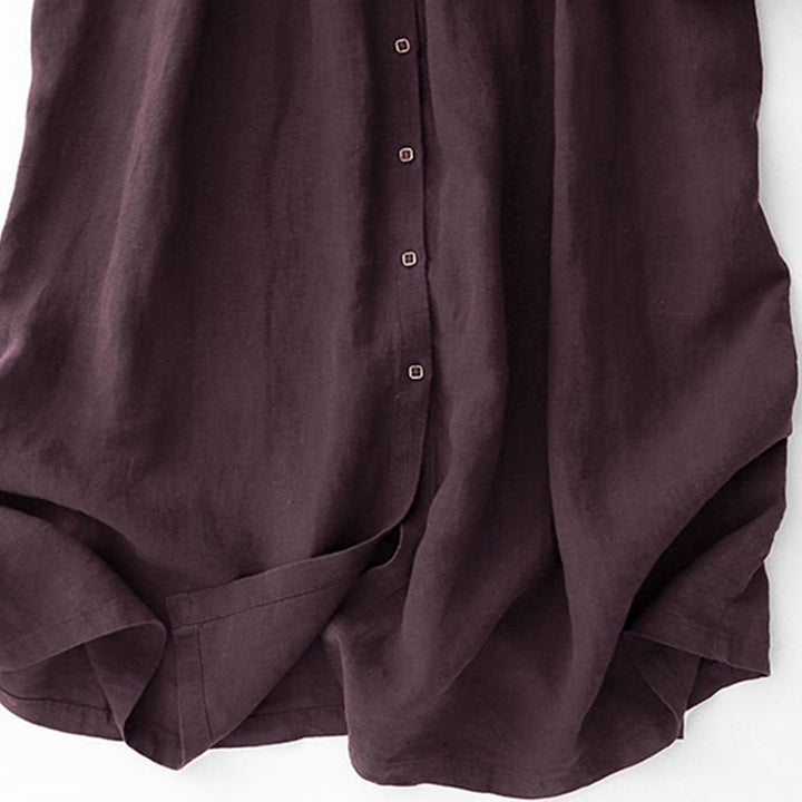 Buddha Stones Fall DarkMagenta V-Ausschnitt Knöpfe Design Langarm Midikleid aus Baumwolle - image 9