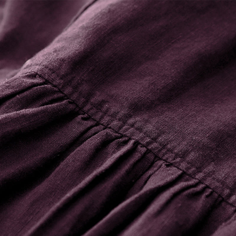 Buddha Stones Fall DarkMagenta V-Ausschnitt Knöpfe Design Langarm Midikleid aus Baumwolle - image 7