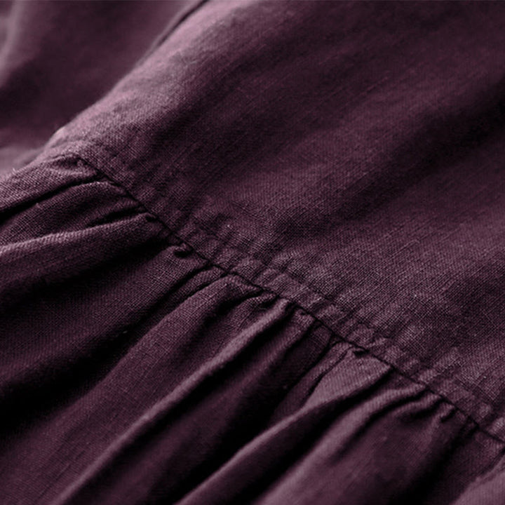 Buddha Stones Fall DarkMagenta V-Ausschnitt Knöpfe Design Langarm Midikleid aus Baumwolle - image 7