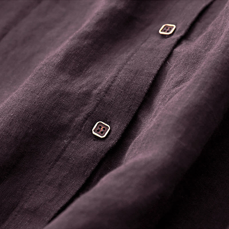 Buddha Stones Fall DarkMagenta V-Ausschnitt Knöpfe Design Langarm Midikleid aus Baumwolle - image 5