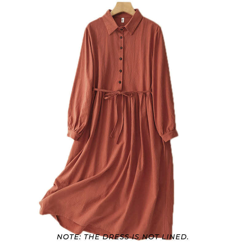 Buddha Stones Fall Reversknöpfe Schnürdesign Langarm-Midikleid aus Baumwolle mit Taschen - image 1