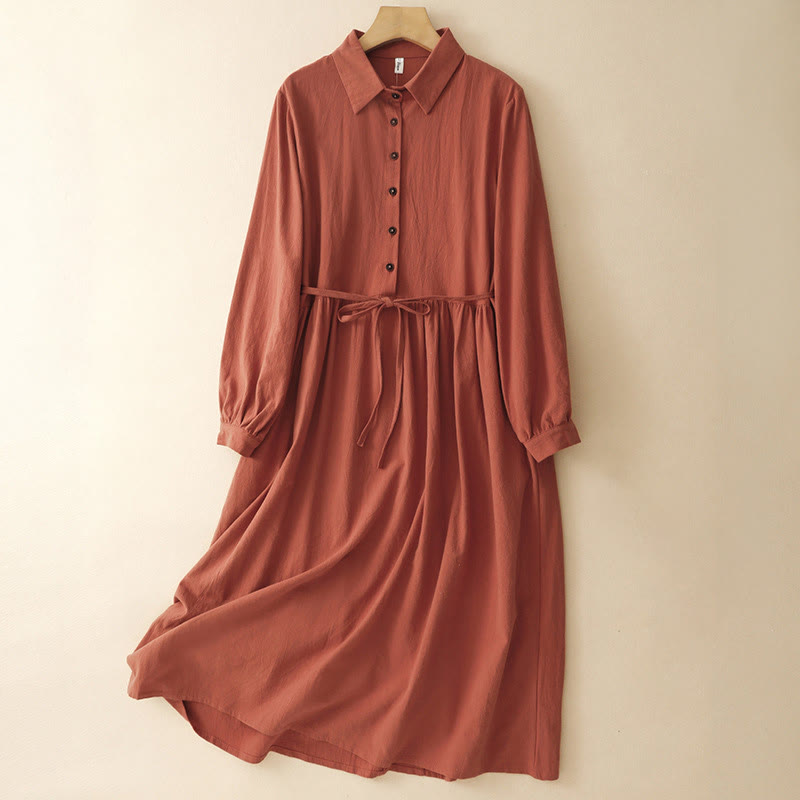 Buddha Stones Fall Reversknöpfe Schnürdesign Langarm-Midikleid aus Baumwolle mit Taschen - OrangeRot - US14， UK/AU18，EU46 (2XL) - image 0