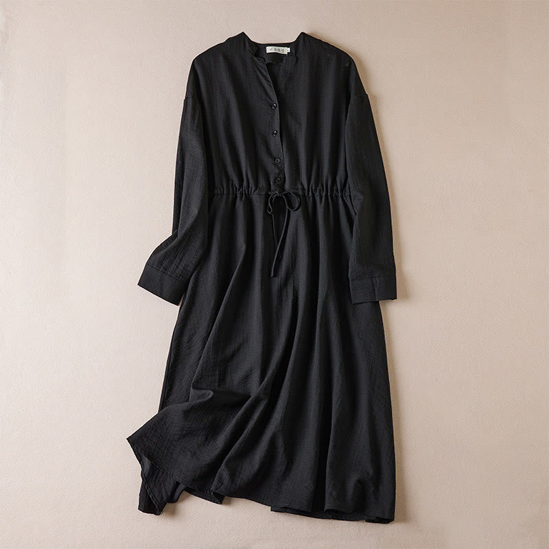 Buddha Stones – Reinfarbiges, langärmliges Midikleid aus Baumwolle mit gekerbtem Kragen und Kordelzug und Taschen - Schwarz - US8-10， UK/AU12-14，EU40-42 (2XL) - image 0