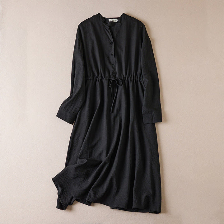 Buddha Stones – Reinfarbiges, langärmliges Midikleid aus Baumwolle mit gekerbtem Kragen und Kordelzug und Taschen - Schwarz - US8-10， UK/AU12-14，EU40-42 (2XL) - image 0