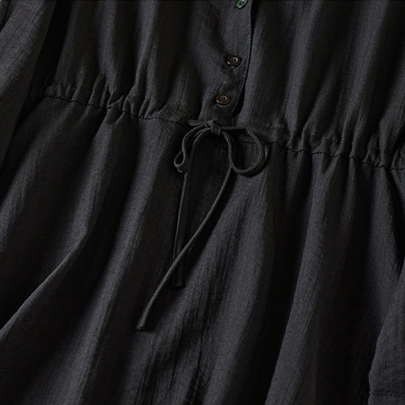 Buddha Stones – Reinfarbiges, langärmliges Midikleid aus Baumwolle mit gekerbtem Kragen und Kordelzug und Taschen - image 4