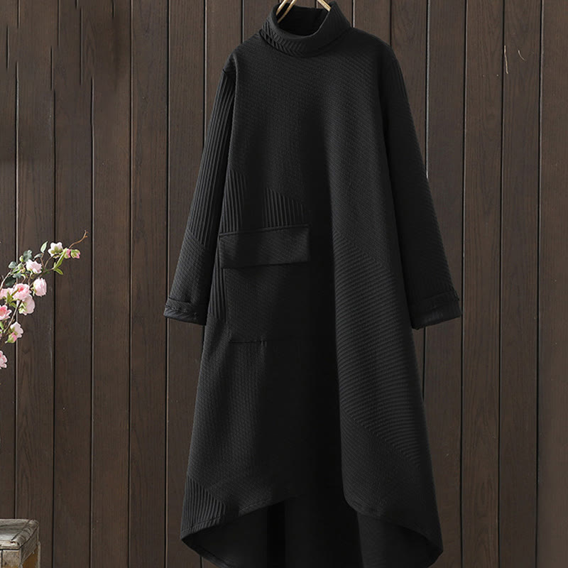 Buddha Stones – Reine Farbe, unregelmäßiges Design, Rollkragen, langärmliges Midikleid aus Baumwolle mit Tasche - Schwarz - US8-10， UK/AU12-14，EU40-42 (2XL) - image 0