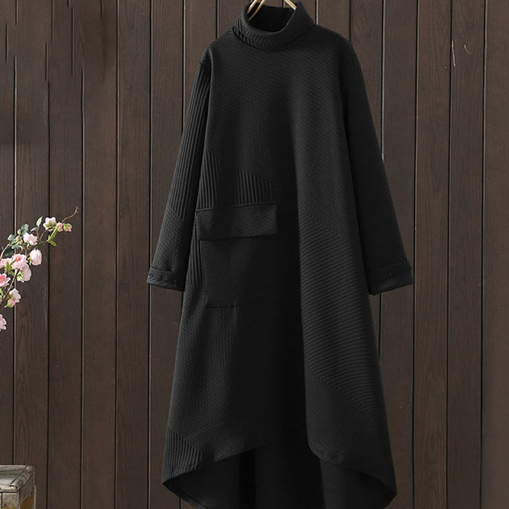 Buddha Stones – Reine Farbe, unregelmäßiges Design, Rollkragen, langärmliges Midikleid aus Baumwolle mit Tasche - Schwarz - US8-10， UK/AU12-14，EU40-42 (2XL) - image 0