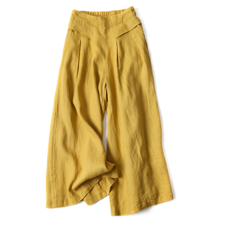 Buddha Stones – Unifarbene Hose aus Baumwollleinen mit hoher Taille und weitem Bein und Taschen - Gelb - US16， UK/AU20，EU48 (3XL) - image 0