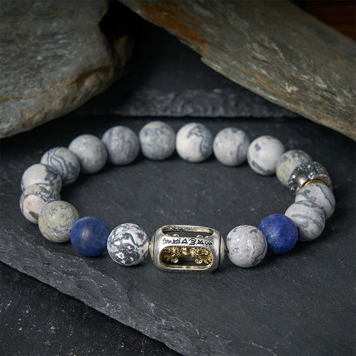 Buddha Stones, natürlicher grauer Jaspis, Sodalith, Om Mani Padme Hum, Buddha-Gesicht, Heilungsarmband - image 1