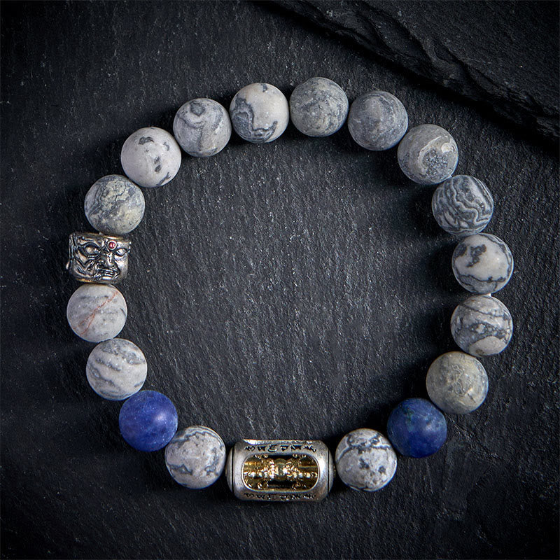Buddha Stones, natürlicher grauer Jaspis, Sodalith, Om Mani Padme Hum, Buddha-Gesicht, Heilungsarmband - 20 cm - image 0
