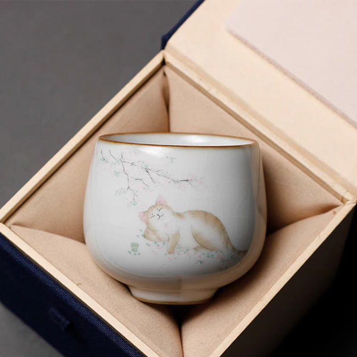 Buddha Stones Niedliche Katzenzweige-Teetasse, Kung-Fu-Teetasse mit Geschenkbox - Liegende Katze 5,8 cm × 6 cm × 120 ml - image 3