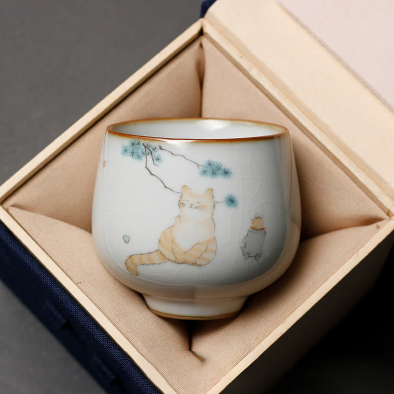 Buddha Stones Niedliche Katzenzweige-Teetasse, Kung-Fu-Teetasse mit Geschenkbox - image 1