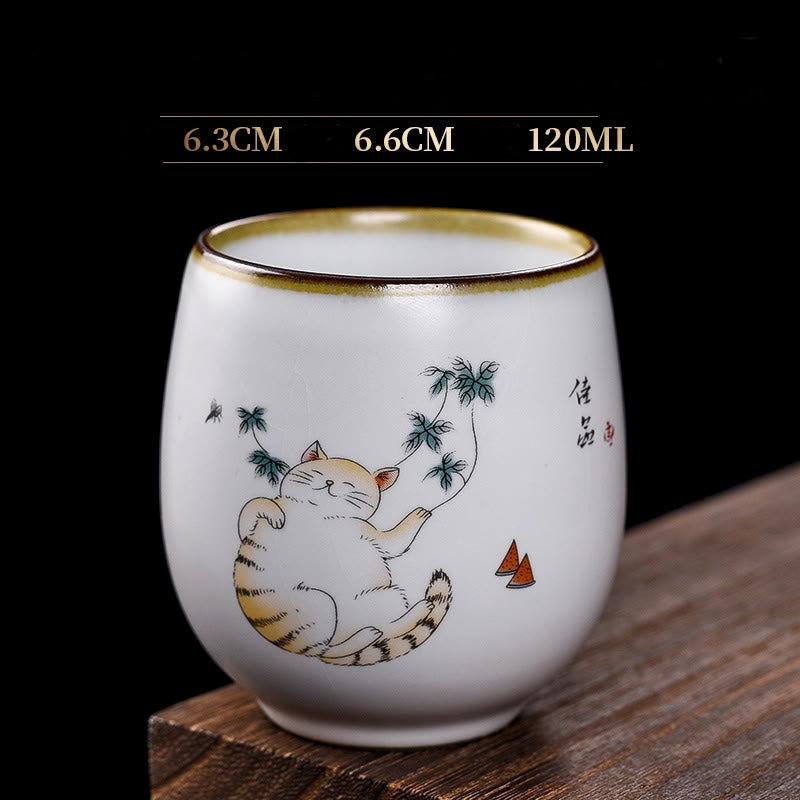 Buddha Stones, süße liegende Katze, Zweige, Teetasse, Kung-Fu-Teetasse mit Geschenkbox - Liegende Katze & Blätter 6,3 cm * 6,6 cm * 120 ml - image 13