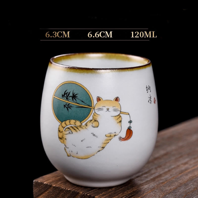 Buddha Stones, süße liegende Katze, Zweige, Teetasse, Kung-Fu-Teetasse mit Geschenkbox - Liegende Katze & Fächer 6,3 cm * 6,6 cm * 120 ml - image 14