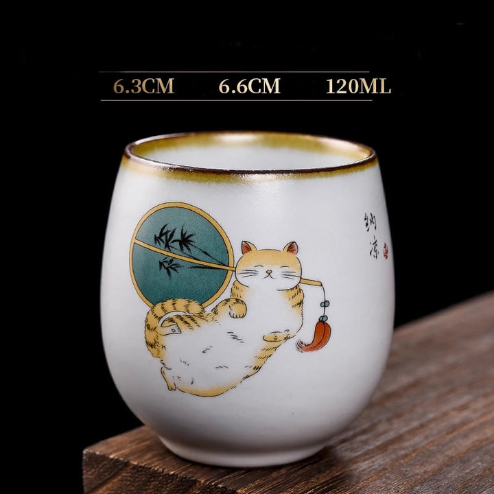 Buddha Stones, niedliche liegende Katze, Zweige, Teetasse, Kung-Fu-Teetasse - Liegende Katze & Ventilator 6,3 cm × 6,6 cm × 120 ml - image 13