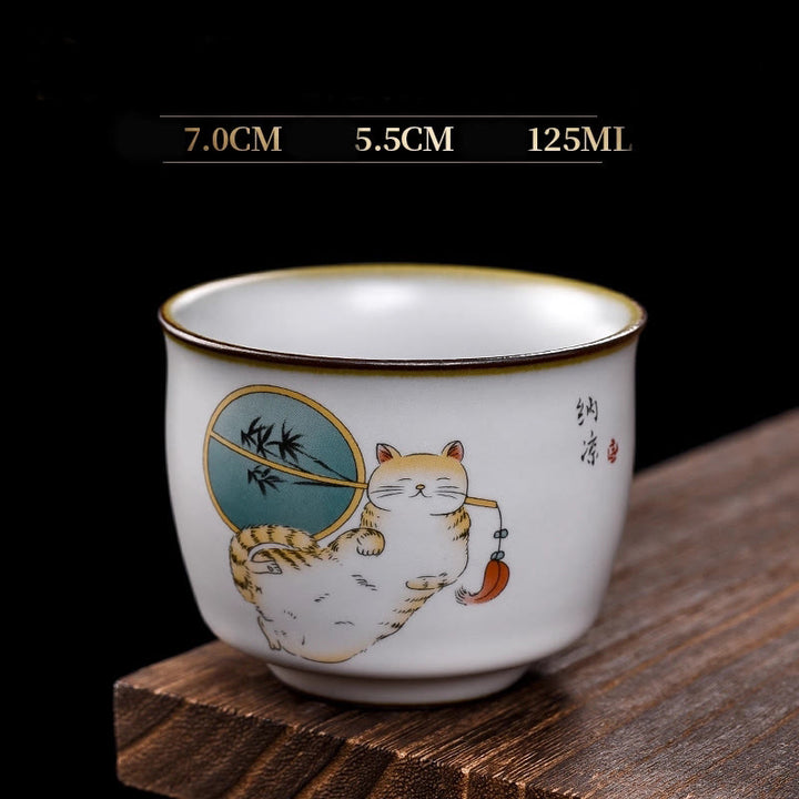Buddha Stones, süße liegende Katze, Zweige, Teetasse, Kung-Fu-Teetasse mit Geschenkbox - Liegende Katze & Fächer 7cm*5,5cm*125ml - image 19