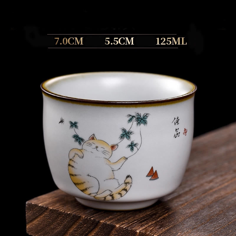 Buddha Stones, süße liegende Katze, Zweige, Teetasse, Kung-Fu-Teetasse mit Geschenkbox - Liegende Katze & Blätter 7cm*5,5cm*125ml - image 18