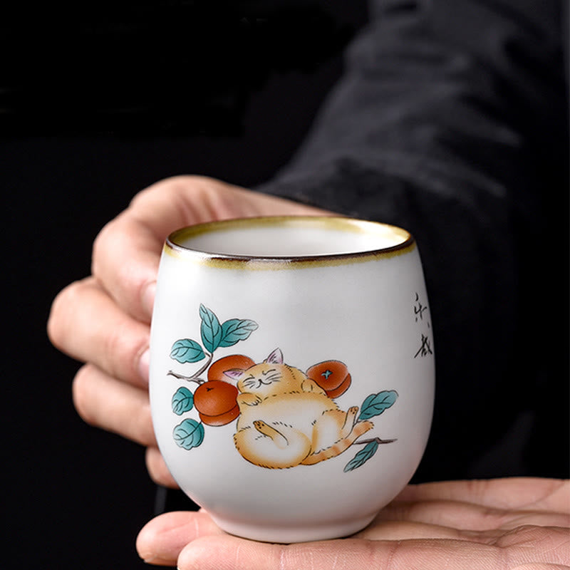 Buddha Stones, süße liegende Katze, Zweige, Teetasse, Kung-Fu-Teetasse mit Geschenkbox - image 3