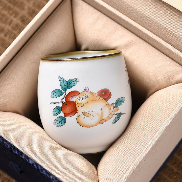 Buddha Stones, süße liegende Katze, Zweige, Teetasse, Kung-Fu-Teetasse mit Geschenkbox - image 1