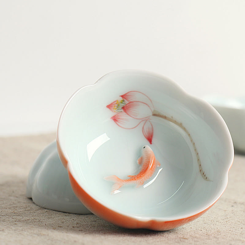 Buddha Stones ​​Koi Fisch Lotus Hand Teetasse Kung Fu Teetasse - Roter Koi-Fisch & Roter Lotus 8,8 cm * 3 cm * 3,5 cm - image 0