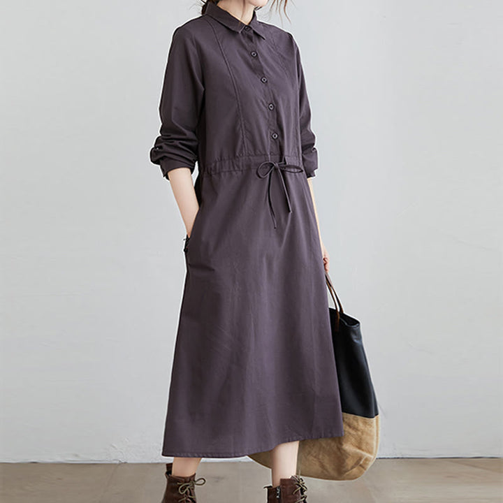 Buddha Stones Herbst-Midikleid aus Baumwolle mit einfarbigem Schnürdesign, Revers und langen Ärmeln und Taschen - image 12