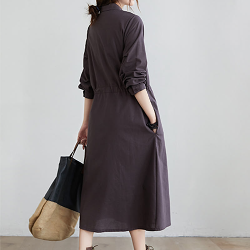 Buddha Stones Herbst-Midikleid aus Baumwolle mit einfarbigem Schnürdesign, Revers und langen Ärmeln und Taschen - image 13