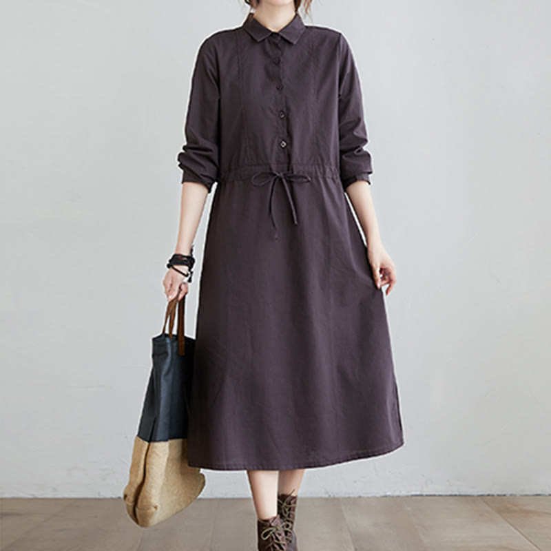 Buddha Stones Herbst-Midikleid aus Baumwolle mit einfarbigem Schnürdesign, Revers und langen Ärmeln und Taschen - image 9
