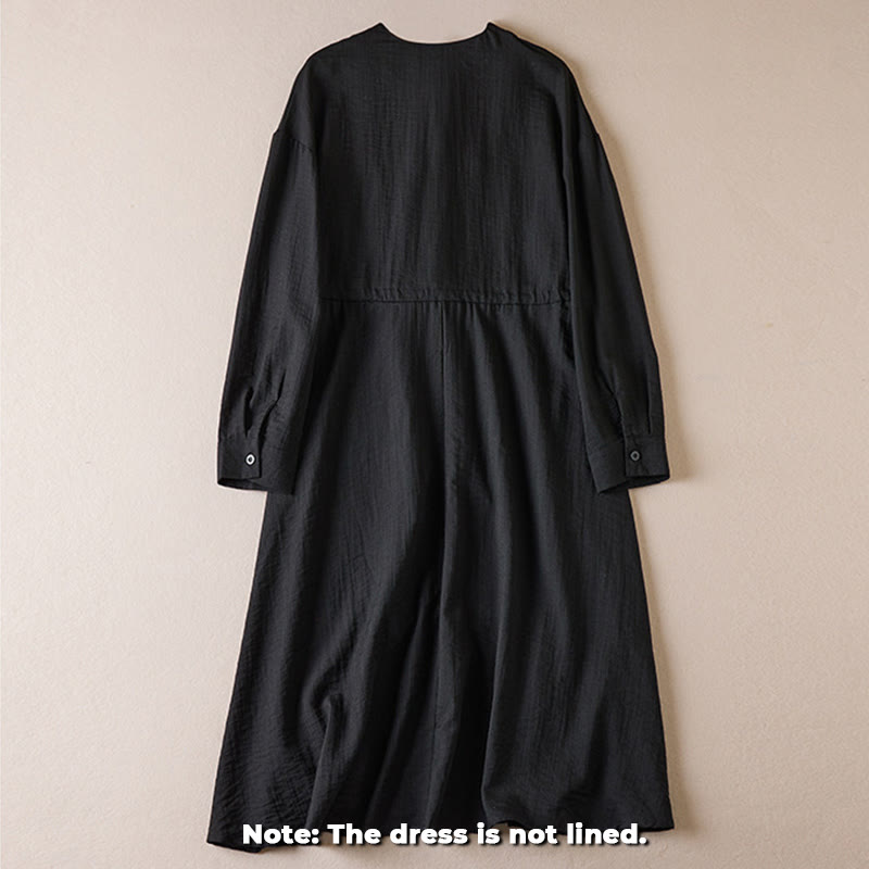 Buddha Stones – Reinfarbiges, langärmliges Midikleid aus Baumwolle mit gekerbtem Kragen und Kordelzug und Taschen - image 1