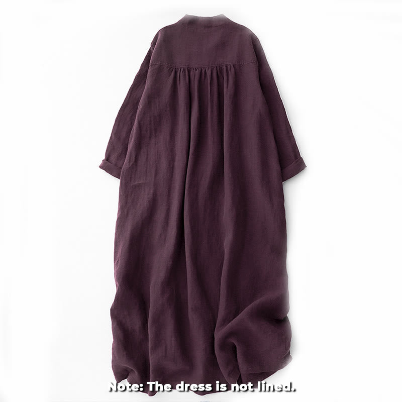Buddha Stones Fall DarkMagenta V-Ausschnitt Knöpfe Design Langarm Midikleid aus Baumwolle - image 1