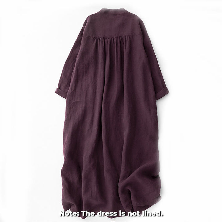 Buddha Stones Fall DarkMagenta V-Ausschnitt Knöpfe Design Langarm Midikleid aus Baumwolle - image 1