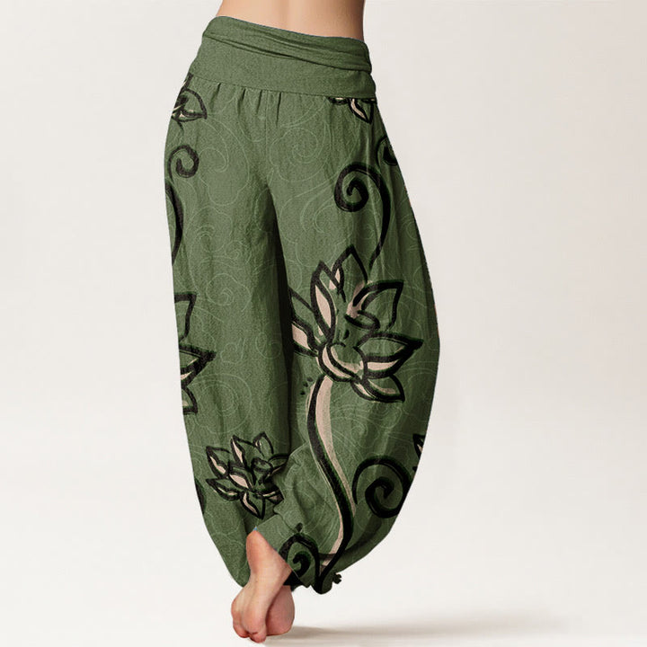 Buddha Stones Damen-Haremshose aus reiner Baumwolle mit lässigem Lotus- und Glückswolken-Design und elastischer Taille - image 1