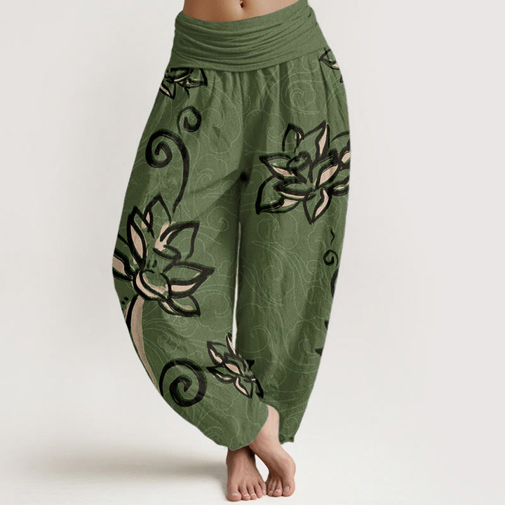 Buddha Stones Damen-Haremshose aus reiner Baumwolle mit lässigem Lotus- und Glückswolken-Design und elastischer Taille - MittelMeergrün - US22， UK/AU26，EU54 (6XL) - image 0