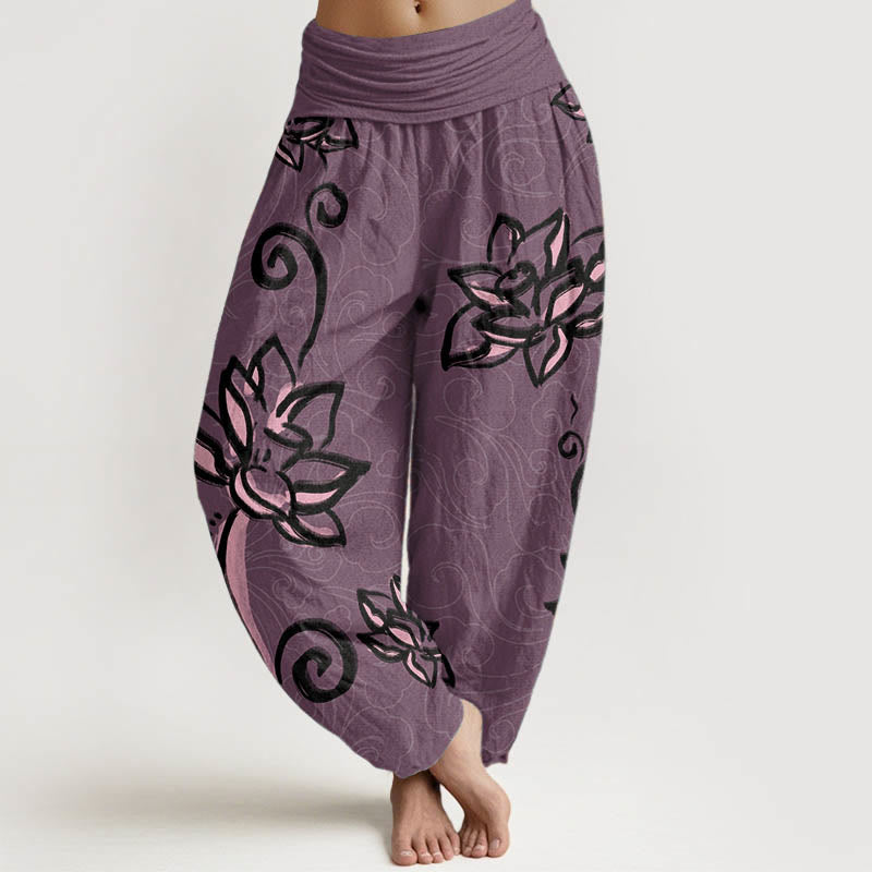 Buddha Stones Damen-Haremshose aus reiner Baumwolle mit lässigem Lotus- und Glückswolken-Design und elastischer Taille - DunkelMagenta - US22， UK/AU26，EU54 (6XL) - image 9