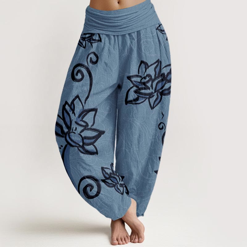 Buddha Stones Damen-Haremshose aus reiner Baumwolle mit lässigem Lotus- und Glückswolken-Design und elastischer Taille - Mitteltürkis - US22， UK/AU26，EU54 (6XL) - image 6
