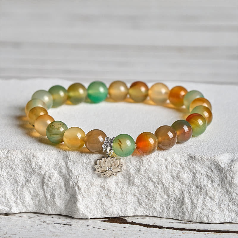 Buddha Stones Armband aus 925er Sterlingsilber mit Lotussymbol und Pfauenachat und Mutperlen - image 1