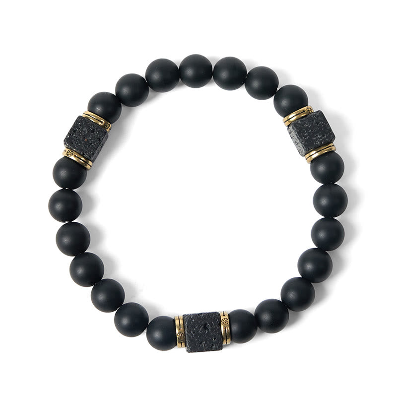Buddha Stones Natürlicher mattierter schwarzer Onyx Quadrat Lavastein Glücksarmband - image 6
