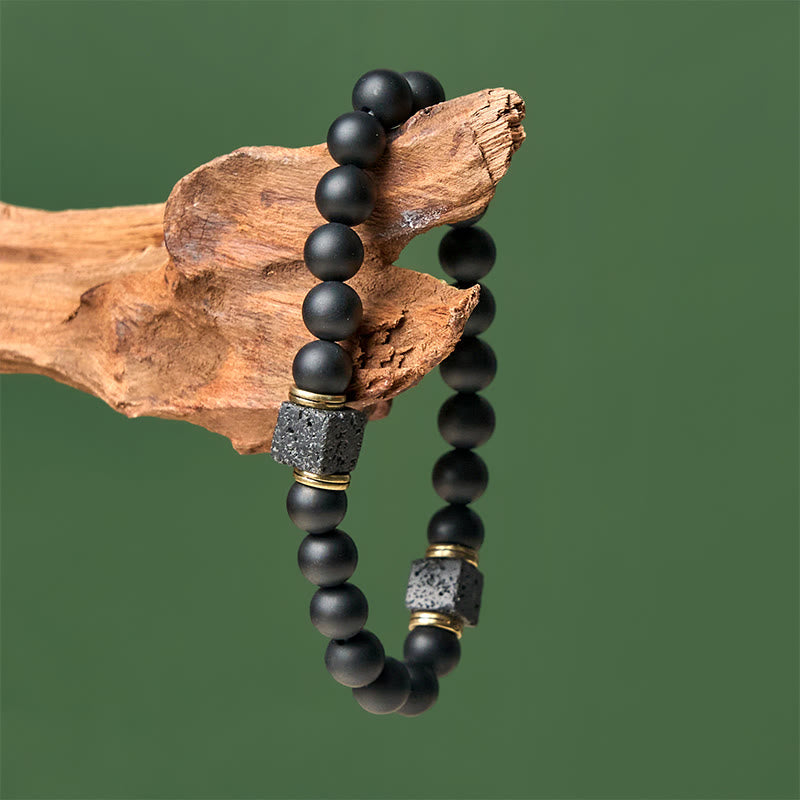 Buddha Stones Natürlicher mattierter schwarzer Onyx Quadrat Lavastein Glücksarmband - image 3